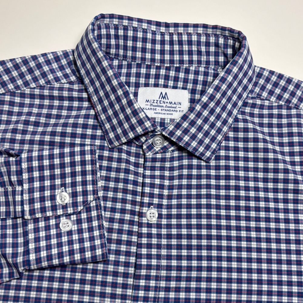 Mizzen Main Gingham Check Performance Dress Shirt Men XL Standard Fit Navy White